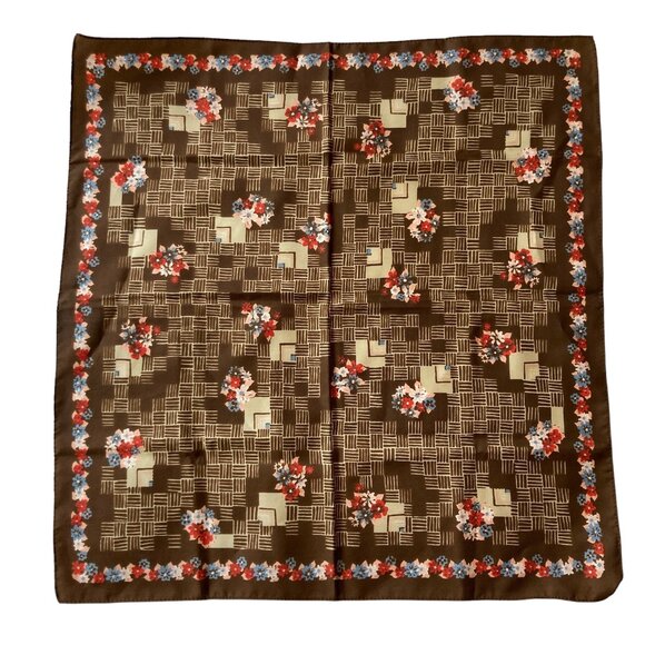 Vintage Italian Womens Scarf Geometric Floral Square Polyester Brown Blue Pink - Picture 1 of 11